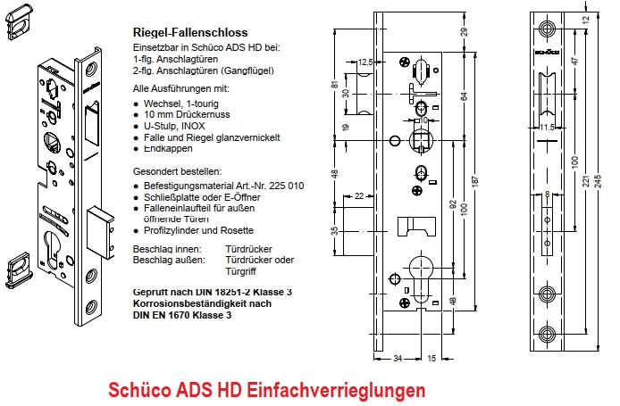 Schüco ADS HD Einfachverriegelungen, Riegel-Fallenschlösser, Rollen-Fallenschlösser, Rollenschlösser, Riegelschlösser, Schwenkhaken-Schlösser 